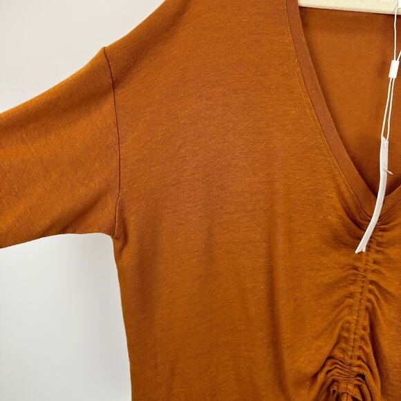 Every Linen Blend Knit Top Cinched Ruched Copper Orange Comfy Cropped Large NWT - Picture 3 of 9